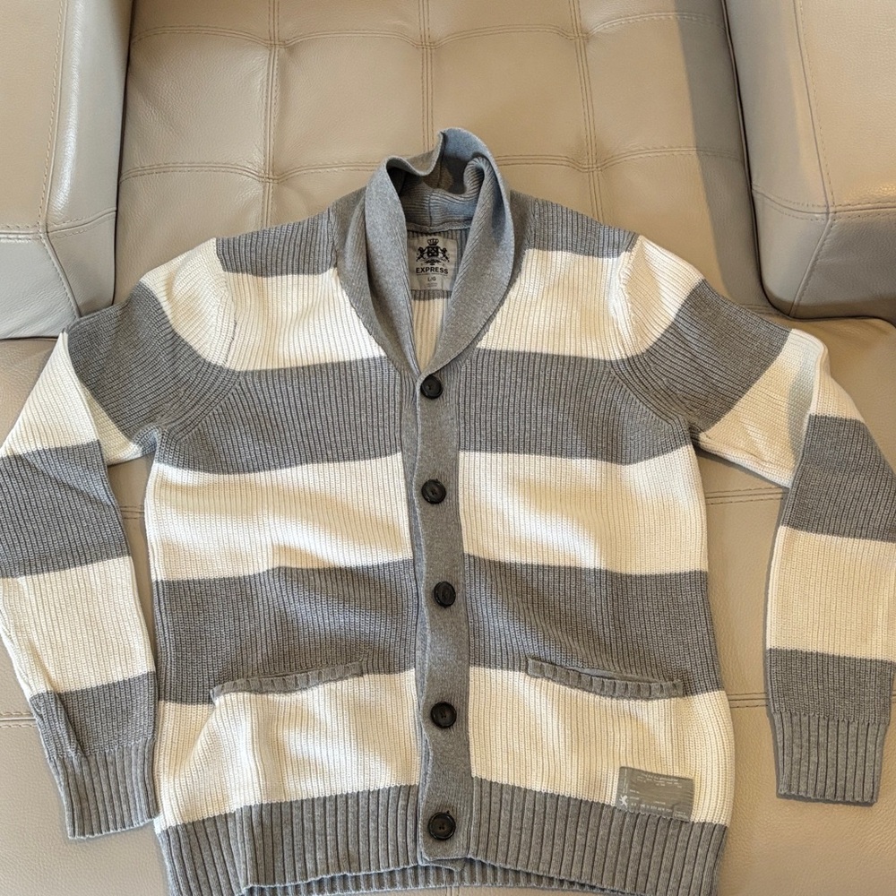 Gray and White Striped Men's Sweater